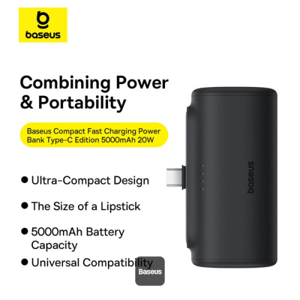 Baseus Compact Series 5000mAh Fast Charging Power Bank 20W PD With Built-in Type-C Connector | Pocket Power Bank for Travel - Black