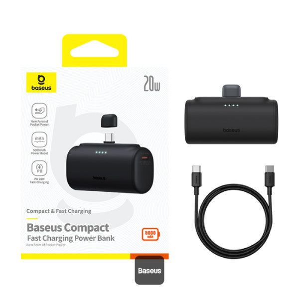 Baseus Compact Series 5000mAh Fast Charging Power Bank 20W PD With Built-in Type-C Connector | Pocket Power Bank for Travel - Black