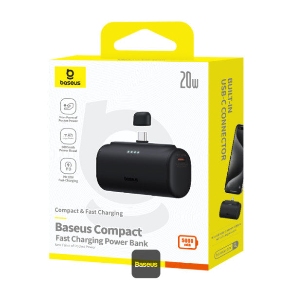 Baseus Compact Series 5000mAh Fast Charging Power Bank 20W PD With Built-in Type-C Connector | Pocket Power Bank for Travel - Black