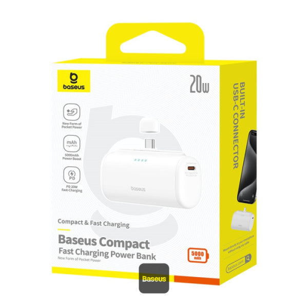 Baseus Compact Series 5000mAh Fast Charging Power Bank 20W PD With Built-in Type-C Connector | Pocket Power Bank for Travel - White