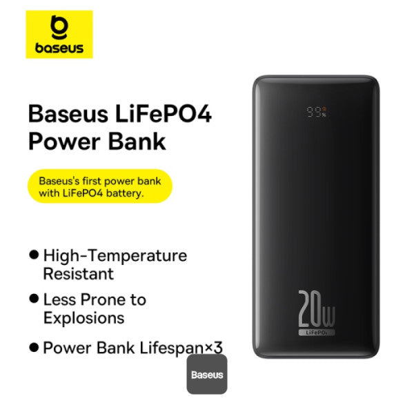 Baseus LiFePO4 18400mAh Digital Display Fast Charging Power Bank 20W PD | 2 USB-A + Type-C + Micro Port - Black