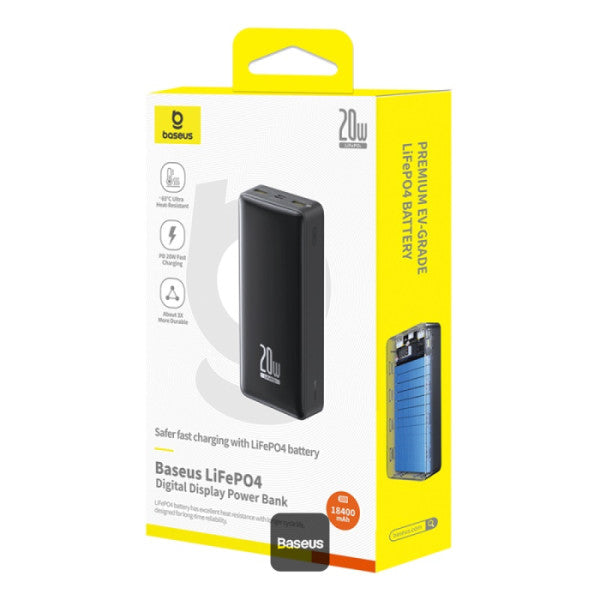 Baseus LiFePO4 18400mAh Digital Display Fast Charging Power Bank 20W PD | 2 USB-A + Type-C + Micro Port - Black