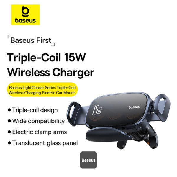 Baseus LightChaser Series 15W Triple Coil Qi Wireless Car Charger - Magsafe Fast Charger Car Mount Air Vent Holder - Black