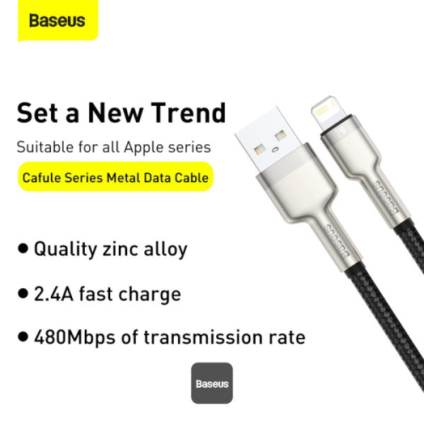 Baseus Cafule Series USB-A to Lightning Cable - 24A Fast Charging 480Mbps High-Speed Data Transfer Nylon Braided 25CM - Black