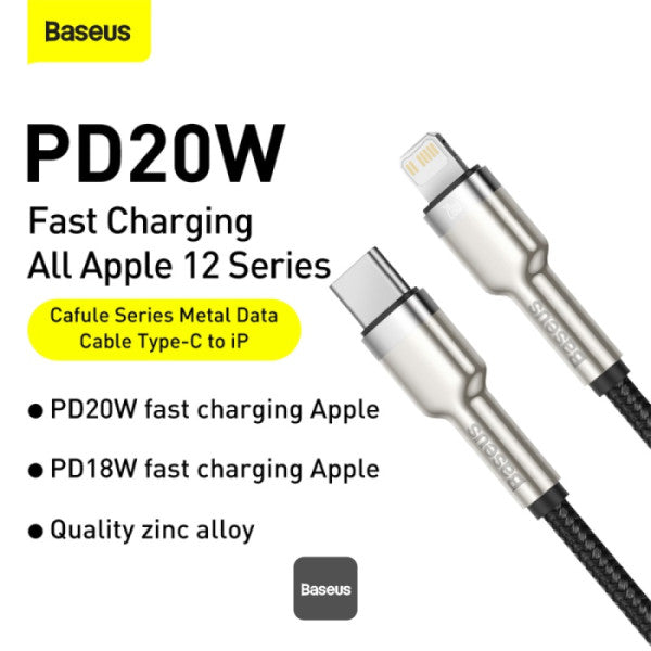 Baseus Cafule Series Type-C to Lightning Cable - 20W PD Fast Charge & 480Mbps High-Speed Data Transfer Nylon Braided 25CM - Black