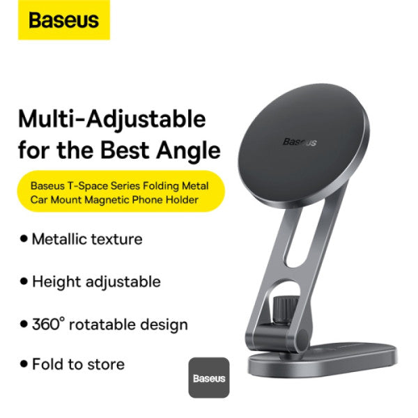 Baseus T-Space Series Magnetic Car Phone Holder - 360° Rotation Foldable Metal Mount for Dashboard & Center Console Universal Fit - Silver
