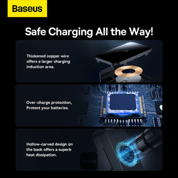 Baseus Halo 15W Car Wireless Charger Mount - Auto-Clamping Air Vent Phone Holder with Dynamic Lighting Fast Charging and Automatic Phone Induction - Black