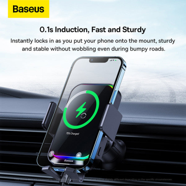 Baseus Halo 15W Car Wireless Charger Mount - Auto-Clamping Air Vent Phone Holder with Dynamic Lighting Fast Charging and Automatic Phone Induction - Black