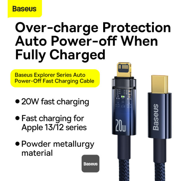 Baseus Explorer Series Auto Power Off Type-C to Lightning Cable - 20W PD Fast Charging Cable and 480Mbps Data Transfer 1M - Blue