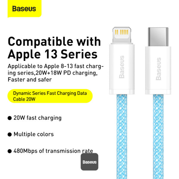 Baseus Dynamic Series Type-C to Lightning Cable - 20W PD Fast Charging & 480Mbps Data Transfer Nylon Braided 2M - Blue