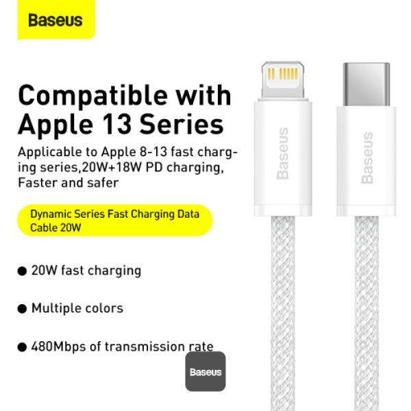 Baseus Dynamic Series Type-C to Lightning Cable - 20W PD Fast Charging & 480Mbps Data Transfer Nylon Braided 1M - White
