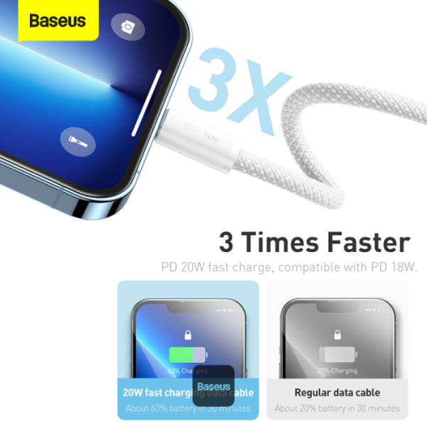 Baseus Dynamic Series Type-C to Lightning Cable - 20W PD Fast Charging & 480Mbps Data Transfer Nylon Braided 1M - White