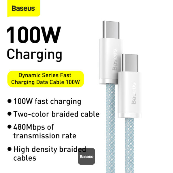 Baseus Dynamic Series Type-C to Type-C Cable - 100W PD Fast Charging & 480Mbps Data Transfer Nylon Braided 1M - Blue