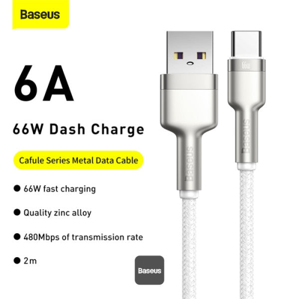 Baseus Cafule Series 66W USB to USB-A to Type-C Metal Data Cable 6A 2M - White