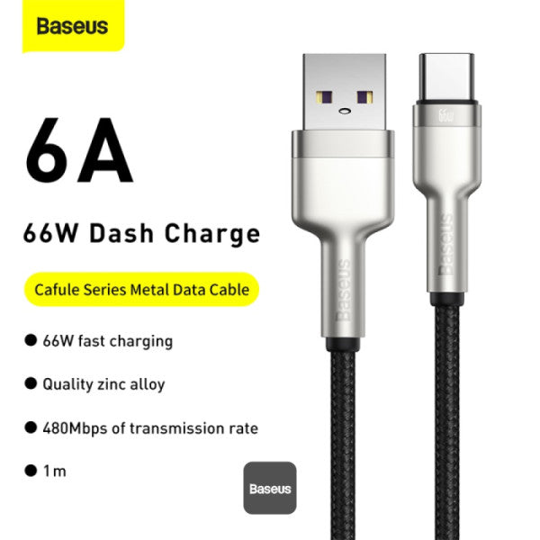 Baseus Cafule Series USB-A to Type-C Cable - 66W 6A Fast Charge & 480Mbps High-Speed Data Transfer Nylon Braided 1M - Black