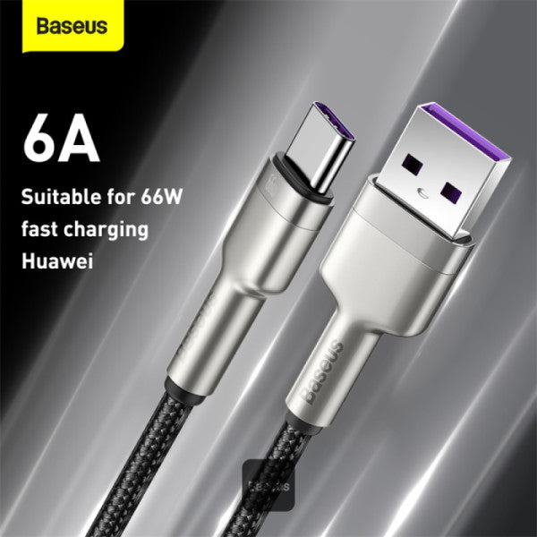 Baseus Cafule Series USB-A to Type-C Cable - 66W 6A Fast Charge & 480Mbps High-Speed Data Transfer Nylon Braided 1M - Black