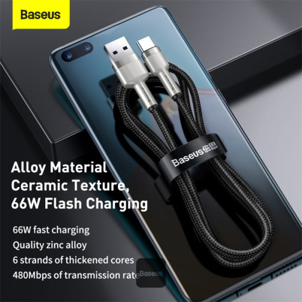 Baseus Cafule Series USB-A to Type-C Cable - 66W 6A Fast Charge & 480Mbps High-Speed Data Transfer Nylon Braided 1M - Black