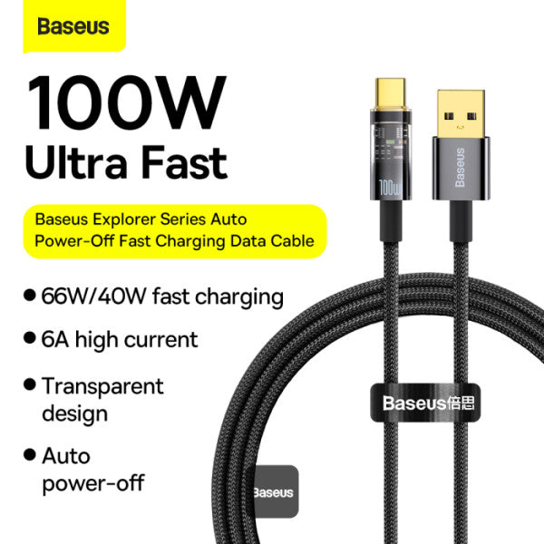 Baseus USB C Cable 100W 6A Fast Charging Auto Power-Off Type C Data Cable Anti-Bending Phone Cable 1M - Black