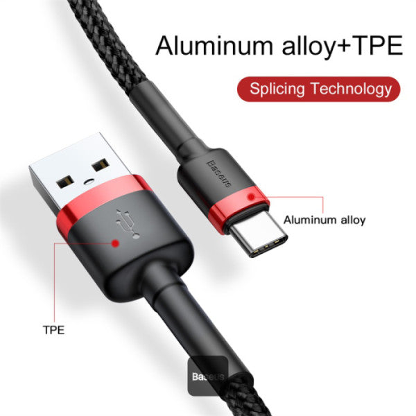 Baseus Cafule Series USB-A to Type-C Cable - 2A Fast Charging & 480Mbps High-Speed Data Transfer Nylon Braided 2M - Black