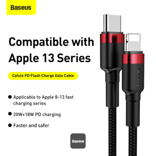 Baseus Cafule Series Type-C to Lightning Cable - 20W PD Fast Charge & 480Mbps High-Speed Data Transfer Nylon Braided 1M - Black