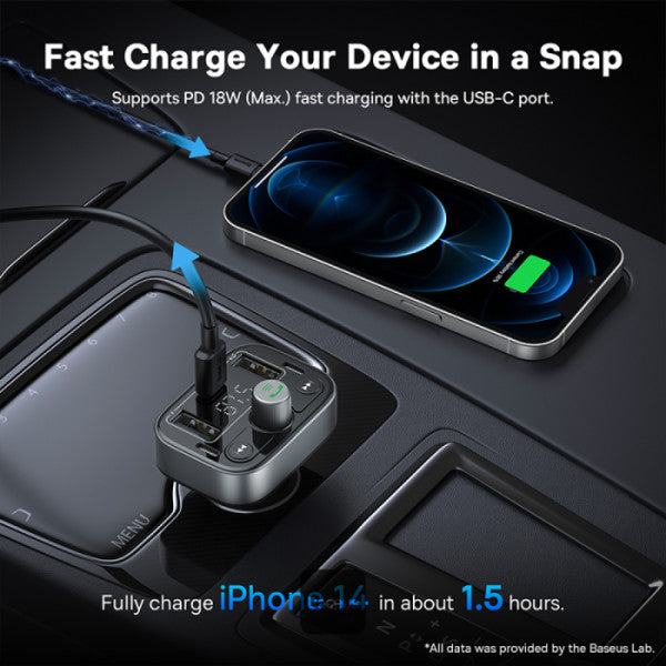 Baseus S-09 Pro Series Car FM Transmitter & Car Charger - 18W PD Fast Charging HiFi Bass Noise-Cancelling Mic Hands-Free USB Drive Support - Black