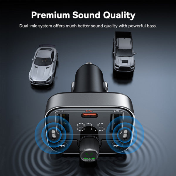 Baseus S-09 Pro Series Car FM Transmitter & Car Charger - 18W PD Fast Charging HiFi Bass Noise-Cancelling Mic Hands-Free USB Drive Support - Black