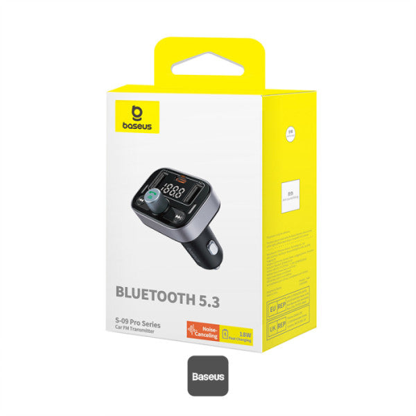 Baseus S-09 Pro Series Car FM Transmitter & Car Charger - 18W PD Fast Charging HiFi Bass Noise-Cancelling Mic Hands-Free USB Drive Support - Black