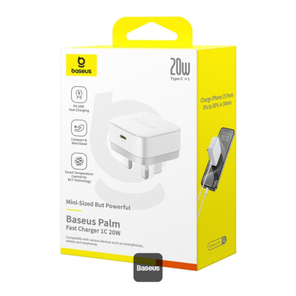 Baseus Palm 20W PD Type-C Fast Charging Wall Charger - Ultra Fast USB-C Charger With UK Plug - White