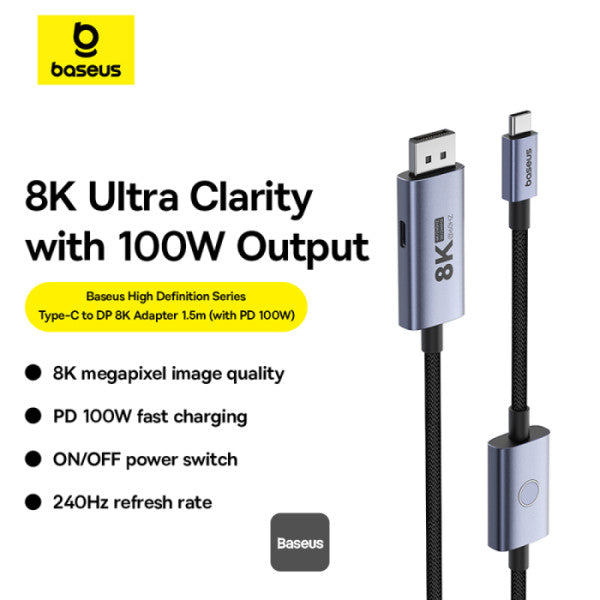 Baseus High Definition Series Type-C to DP 8K 60Hz Ultra Clarity Adapter With 100W PD Cable & ON OFF Button 15M - Black
