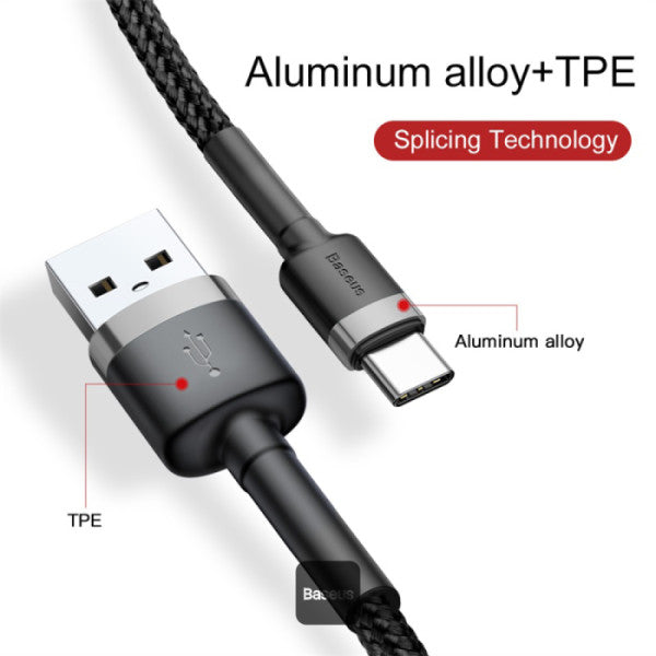 Baseus Cafule Series USB-A to Type-C Cable - 3A Fast Charge & 480Mbps High-Speed Data Transfer Nylon Braided 1M - Black