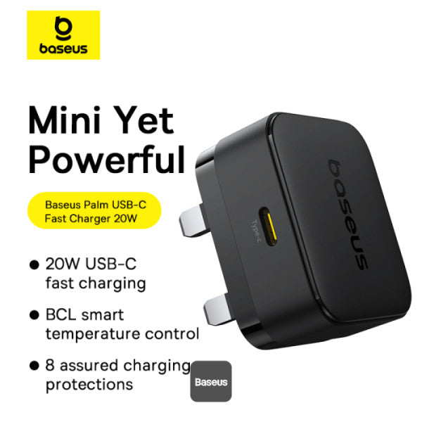 Baseus Palm 20W PD Type-C Fast Charging Wall Charger - Ultra Fast USB-C Charger With UK Plug - Black