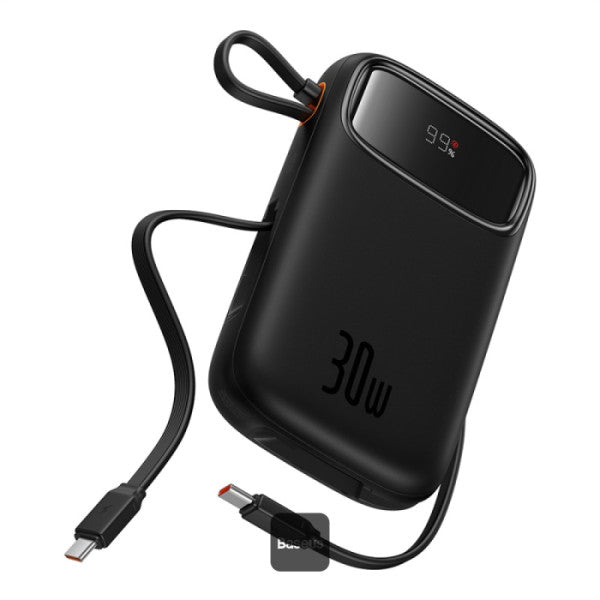 Baseus QPow2 10000mAh Digital Display Fast Charge Power Bank 30W With Built-in Dual Type-C Cable - Black