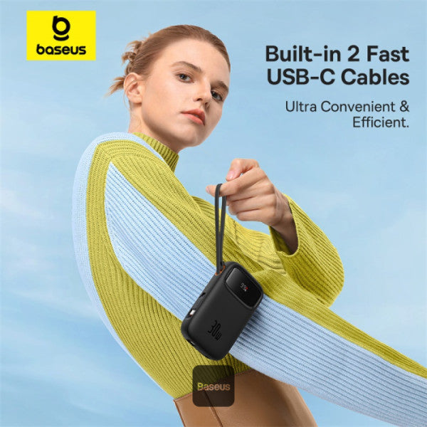 Baseus QPow2 10000mAh Digital Display Fast Charge Power Bank 30W With Built-in Dual Type-C Cable - Black