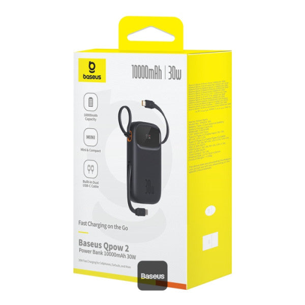 Baseus QPow2 10000mAh Digital Display Fast Charge Power Bank 30W With Built-in Dual Type-C Cable - Black
