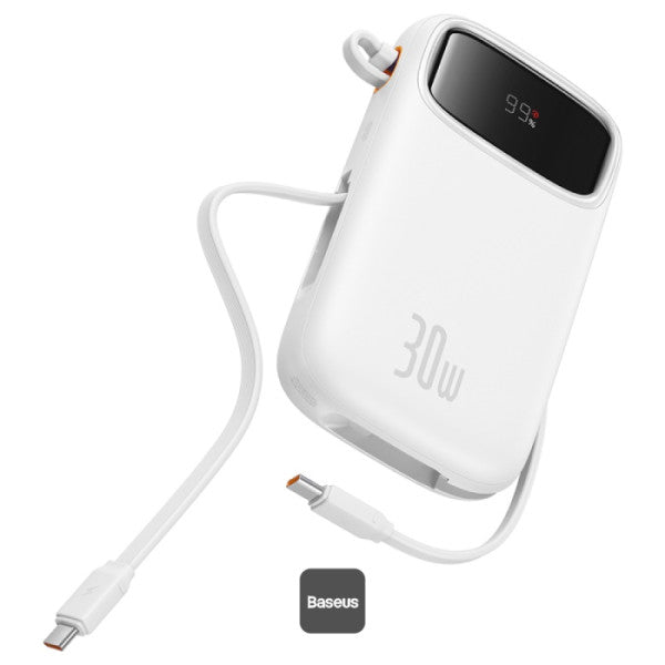 Baseus QPow2 10000mAh Digital Display Fast Charge Power Bank 30W With Built-in Dual Type-C Cable - White