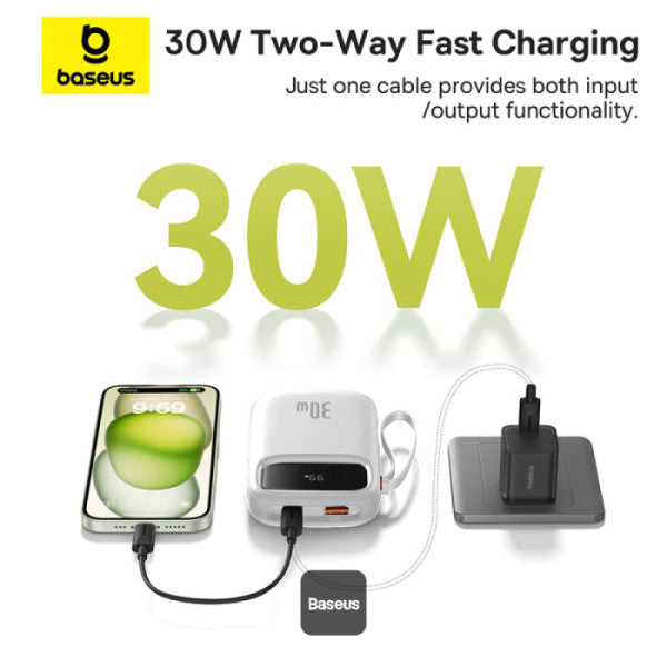 Baseus QPow2 10000mAh Digital Display Fast Charge Power Bank 30W With Built-in Dual Type-C Cable - White