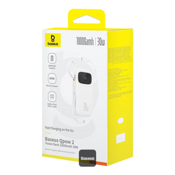Baseus QPow2 10000mAh Digital Display Fast Charge Power Bank 30W With Built-in Dual Type-C Cable - White