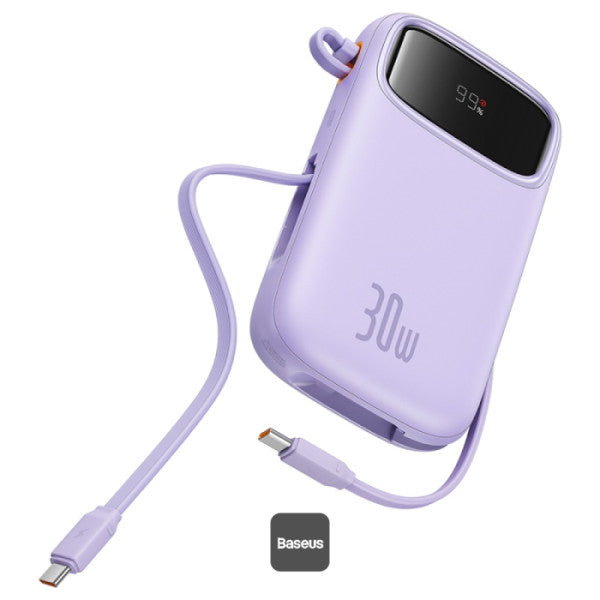 Baseus QPow2 10000mAh Digital Display Fast Charge Power Bank 30W With Built-in Dual Type-C Cable - Purple