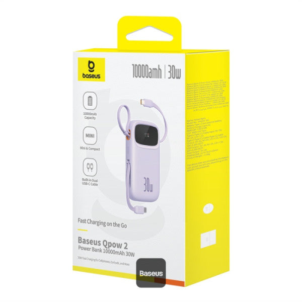 Baseus QPow2 10000mAh Digital Display Fast Charge Power Bank 30W With Built-in Dual Type-C Cable - Purple