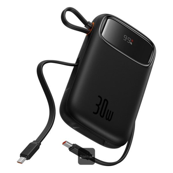 Baseus QPow2 20000mAh Digital Display Fast Charge Power Bank 30W With Built-in Dual Type-C Cable - Black