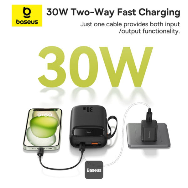 Baseus QPow2 20000mAh Digital Display Fast Charge Power Bank 30W With Built-in Dual Type-C Cable - Black