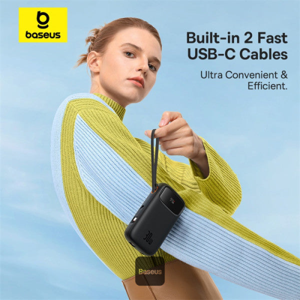 Baseus QPow2 20000mAh Digital Display Fast Charge Power Bank 30W With Built-in Dual Type-C Cable - Black