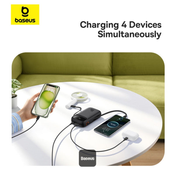 Baseus QPow2 20000mAh Digital Display Fast Charge Power Bank 30W With Built-in Dual Type-C Cable - Black