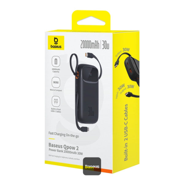 Baseus QPow2 20000mAh Digital Display Fast Charge Power Bank 30W With Built-in Dual Type-C Cable - Black