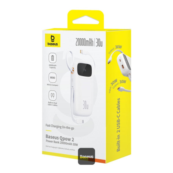 Baseus QPow2 20000mAh Digital Display Fast Charge Power Bank 30W With Built-in Dual Type-C Cable - White