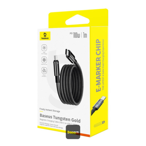 Baseus Tungsten Gold Magnetic Anti-Tangle Type-C to Type-C Cable 100W PD Fast Charging High-Speed Transmission Nylon Braided 5A 1M - Black
