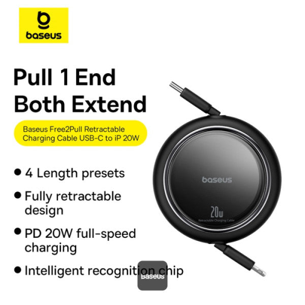 Baseus 20W Free2Pull Both-Way Retractable Type-C to Lightning Fast Charging Data Cable 1M - Black