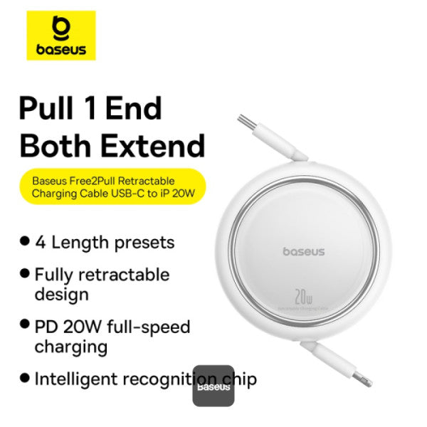 Baseus 20W Free2Pull Both-Way Retractable Type-C to Lightning Fast Charging Data Cable 1M - White