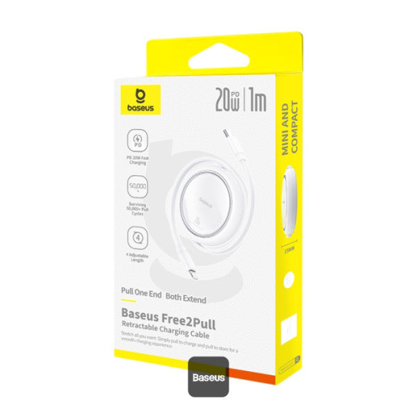 Baseus 20W Free2Pull Both-Way Retractable Type-C to Lightning Fast Charging Data Cable 1M - White