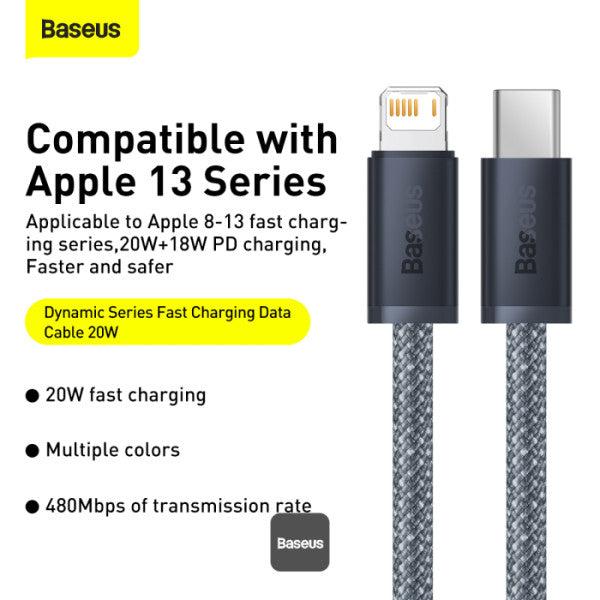 Baseus Dynamic Series Type-C to Lightning Cable - 20W PD Fast Charging & 480Mbps Data Transfer Nylon Braided 2M - Grey
